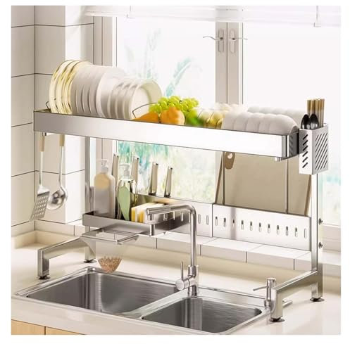 Escurreplatos extensible para fregadero con cesta de frutas de 35 x 10 x 20 pulgadas, estante de secado de cocina con 5 ganchos, ahorra espacio, perfecto para la nización de la cocina
