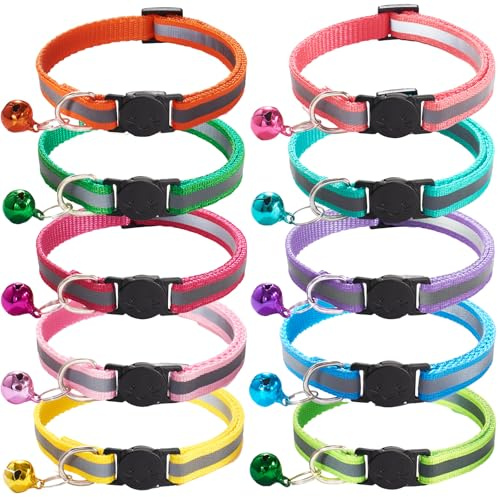 10 Stück Katzenhalsband, Katzenzubehör, Katzenhalsband mit Glocke, größenverstellbar für Katzen, mit Anhänger, geeignet für Katzen und Hunde (Zehn Farben)