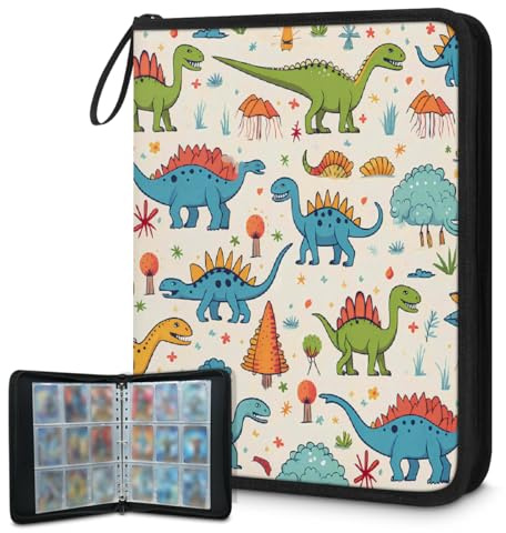 Carpeta para tarjetas coleccionables con 9 bolsillos, diseño de dinosaurios de dibujos animados, álbum de tarjetas con fundas extraíbles, impermeable, con cremallera, capacidad para 50 páginas y 900
