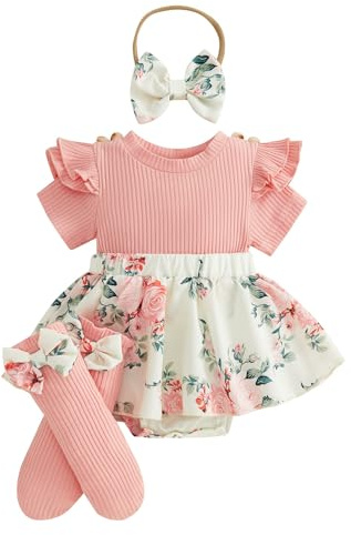 Yigubigu Baby Girl Clothes Outfits Daisy Print Faux Two-piece Design Short Sleeve Plaid Romper Dress Bow Headband and Stockings Set 3Pcs (Pink, 3-6 Months)