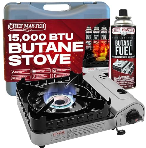 Chef Master 15,000 BTU Butane Portable Camp Stove | Double Wind-Guard Portable Stove Burner w/Piezo Click Ignition for Emergencies, Tailgating, Hiking, Backpacking & Camping Essentials - 90019