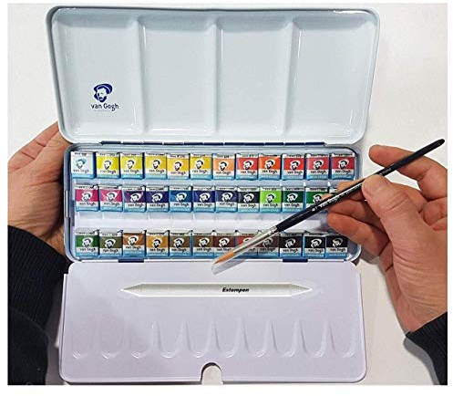 36 Näpfchen Feine Van Gogh Künstler Aquarellfarben im Metall Aquarellkasten incl. Pinsel und Mischpalette Geschenkset und Papierwischer