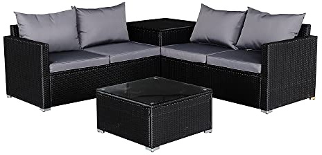 Panana Rattan Garden Furniture Corner Sofa Set with Storage Box, 4 Seater Outdoor Sofa with Cushions, Coffee Table & Free Cover for Patio Garden Conservatory (Black Rattan with Grey Cushions)