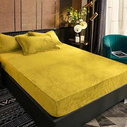 Luofanfei Warm Fleece Spannbettlaken 180x200cm Winter Flanell Gelb Plüsch Bettlaken Warme Cashmere Touch Kuschelig Flauschig Spannbetttuch für Matratze Hohe für bis 30 cm