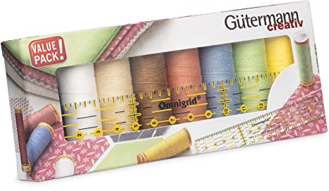 Gütermann creativ Sewing Thread Set with 8 spools Cotton C Ne 50 100 m in Bright Colours + a Omnigrid® Universal Ruler, 3 x 15 cm