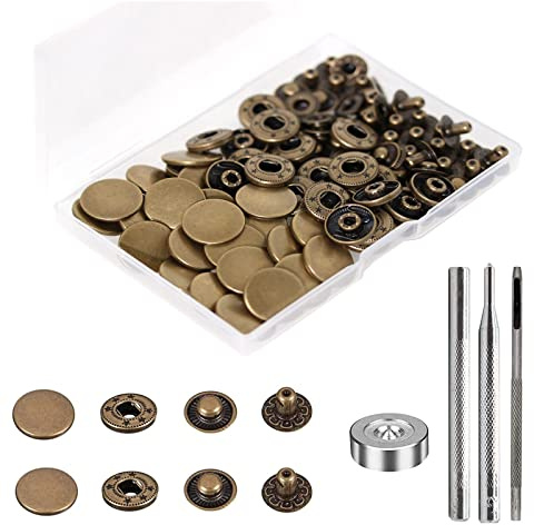24 Sets Corchetes de Presión Metálicos, BetterJonny Botones de Presión Φ17mm Kit de Herramienta de Botón Snap Botones de Presion Metalicos con 4 Herramientas de Instalación para Ropa Bolsos, Bronce
