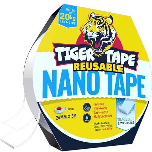 Tiger Tape® Nano Power Mount Tape | Multi-Functional Invisible Mounting. Strong Double Sided Tape for Walls, DIY, Office & Cables – Bonds Glass, Brick, Metals, Woods. Heavy Duty Grip. 5m