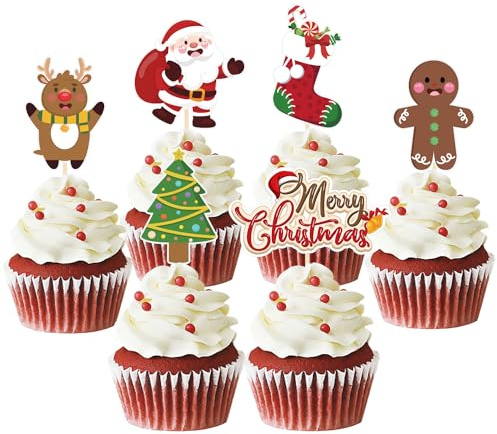 24 Pièces Jouyeux Noël Décoration Gâteau Cupcake Topper, Paillettes Décoration Gâteau Dessert pour La Fête de Noël (Père Noël)