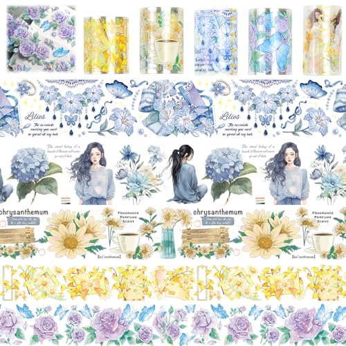 LANSKYLAN 5 Rolls Washi Tape set Aesthetic, Wide Washi Tape PET 5/6/7cm x 2m Multi-Muster Dekoratives Klebeband zum Basteln Blumen Washi Tapes set Girls Washi Tape für Scrapbooking Bullet Journals