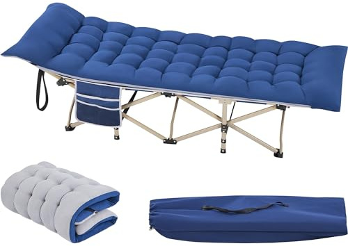 Abician Lit de Camping 150 kg Charge Lit de Camp Pliable Cadre en Métal avec Matelas Pochette Sac de Transport pour Voyage Pêche Randonnée Cadre Bleu/Coussin Bleu