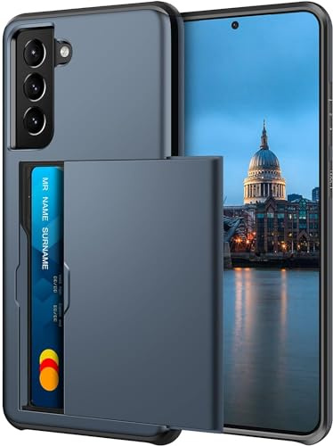 XYZNTMF for Samsung S21 FE Case Samsung Galaxy S21 FE Shockproof Case with Card Holder Soft Silicone TPU Bumper Matte Hard PC Shell Heavy Duty Protective Skin Cover Rubber Case, Dark Blue