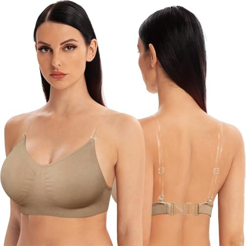 Varsbaby Soutien-Gorge Dos Nu à Bretelles Transparentes pour Femmes, Soutien-Gorge de Danse Invisible sans Fil à Dos Bas D384-Beige-XL(FR)