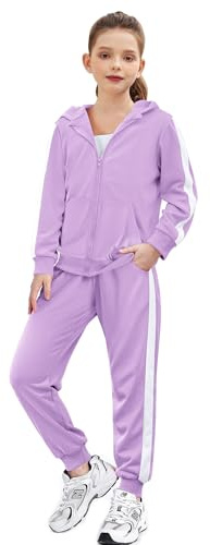 Zaclotre Teen Girl Clothes Two Piece Outfits Tracksuits Zip Up Sweatshirt Jacket and Sweatpants Sets Light Purple 13-14 Years