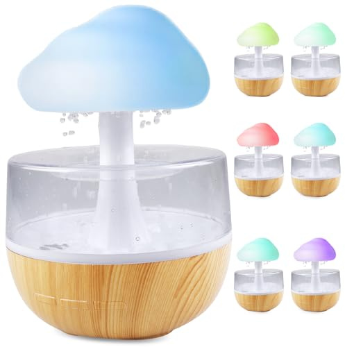 Nuages de pluie Humidificateur avec veilleuse : fontaine à eau nuageuse 3 en 1, diffuseur d'huiles essentielles, 7 couleurs veilleuse, bureau, table