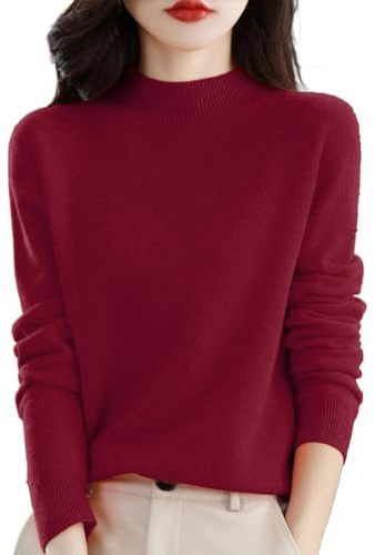 SDERG Cashmere Jumper for Women - Plus Size Long Sleeve Semi Turtleneck Sweater - Soft Lightweight Winter Clearance - Solid Color UK Size 14 - Wine