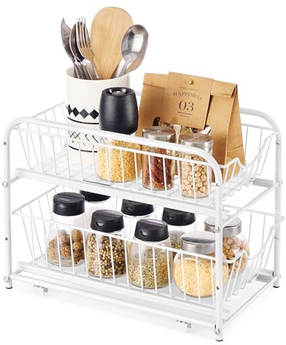 SONGMICS Cupboard Organiser, 2-Tier Under Sink Storage Organiser with Sliding Basket Drawers, Stackable Cabinet Organiser for Kitchen, Bathroom, Matte White KCS017W01