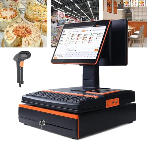 Electronic Cash Register POS Terminal with 15.6'' LED Touch Screen, 101 Keys Keyboard, Handheld Scanner, 58mm Thermal Printer, and Cash Drawer. Compact and efficient solution for businesses.