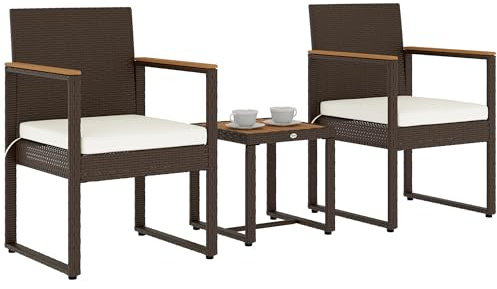 Outsunny 3-Piece Rattan Bistro Set, Patio Table and Chairs Set with Removable Cushions, Rattan Conversation Set with Acacia Wood Table & Adjustable Foot Pads for Garden Balcony, White