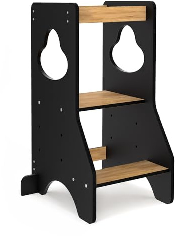 COSYLAND Torre Montessoriana Bambini da 1 Anno – Torretta Montessoriana in Legno Spesso, Scala Montessoriana per Bambini Regolabile a 3 Altezze (Nero e Naturale)