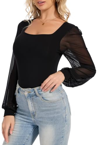 SHAPERIN Body Manga Larga Mujer Elegante Blusa Manga Abullonada Cuello Cuadrado Long Sleeve Bodysuit Top Body de Malla, Negro, L