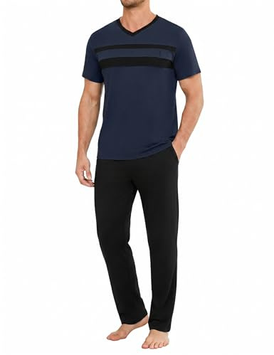 Marvmys Men's Pyjama Set Pyjamas For Men | Short Sleeve T-Shirt and Long Bottom Pants With Adjustable Drawstrings and Pockets Loungewear Nightwear