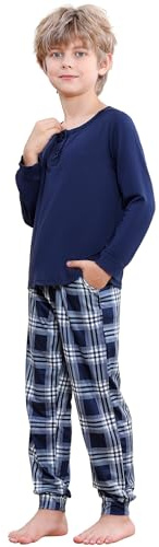 Comfyouth Pigiama da Ragazzo, a Maniche Lunghe, 2 Pezzi, con 2 Tasche, Set Pigiama Invernale per Bambini, Maglietta a Maniche Lunghe e Pantaloni a Quadretti con Coulisse 14-16 Anni Blu Navy