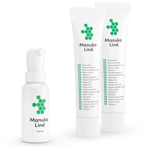 ManukaLind Spray cicatrisant + pommade cicatrisante au miel de Manuka antibactérien (MGO 514+) pour toutes les phases de la cicatrisation des plaies, de nombreux types de plaies, favorise la