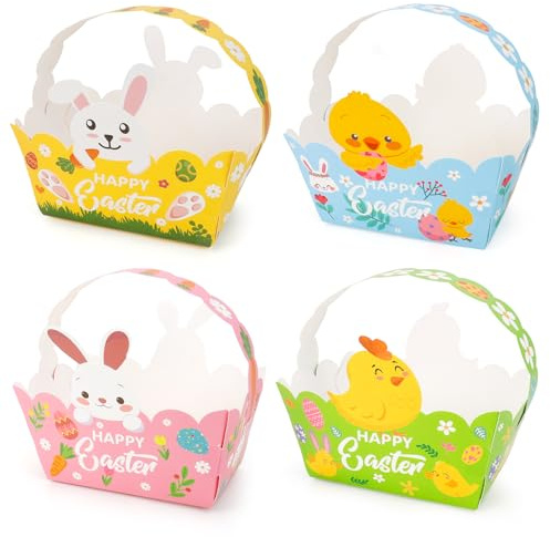 YoiAVRIG Easter Baskets (Easter Basket) – 12 Pack Paper DIY Baskets with Handles, featuring Bunny & Chick Designs, Egg Hunt, Easter Crafts, Gifts and Toy Storage