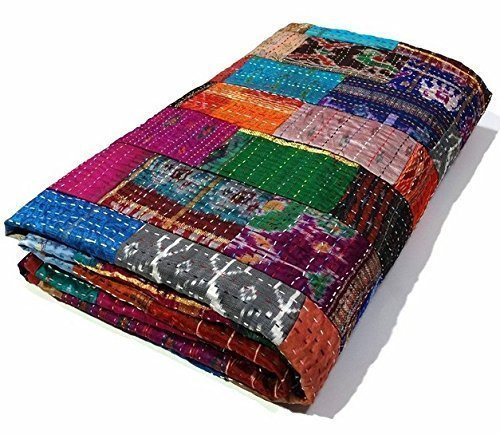 Funda de cama india doble / King, mantas étnicas, acolchado, patchwork, funda de edredón indio, colcha de sari Kantha de seda bohemia antigua, edredón de Patola vintage (Multi, Twin 60 x 90)