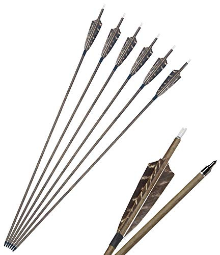 SHARROW 12pcs Carbonpfeile 30 Zoll mit Naturfedern Carbon Pfeile für Bogen Holzkorn Kohlenstoff Pfeil mit Truthahnfeder Naturfedern Spine 350 Bogenpfeile für Compound und Recurvebogen (12pcs)