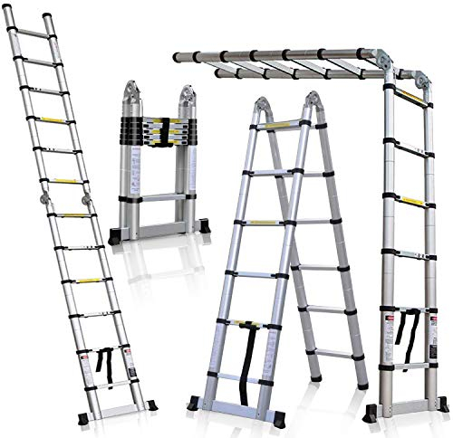 5M Échelle Télescopique Pliante 2 en 1 Escabeau Pliant Ladder, Certifié EN131, Charge Max 150 kg (2,5M + 2,5M) Argent