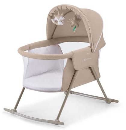 Kinderkraft Cuna 3 en 1 LOVI, cuna, cuna de viaje, balancín, fácil de plegar y desplegar, toldo ajustable, con accesorios, funda de colchón, juguetes incluidos, bolsa de transporte