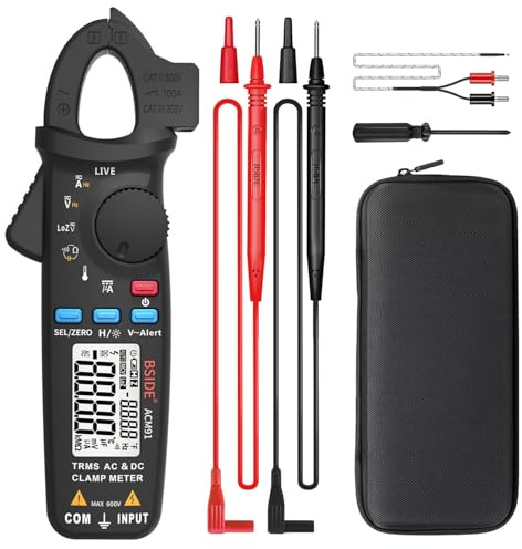 BSIDE DC Clamp Meter 1mA Current True RMS Auto-Ranging 6000 Counts Digital Multimeter Hz Temp Cap Ohm Live Check V-Alert Low Impedance Voltage Tester with Back Clip