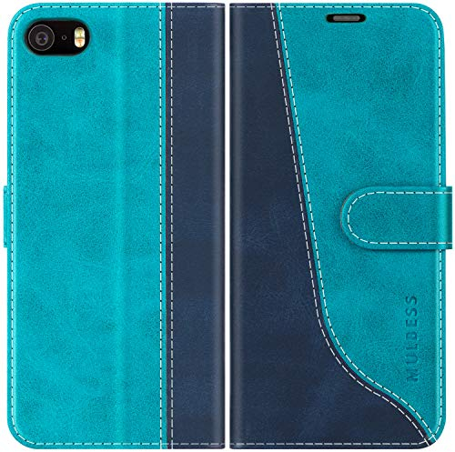 Mulbess für iPhone 5s / 5 / iPhone SE 2016 Hülle, Handyülle Leder mit Kartenfach, Klapphülle mit Magnetverschluss, Flip Case Etui Handytasche Schutzhülle, Stilvoll Mint Blau