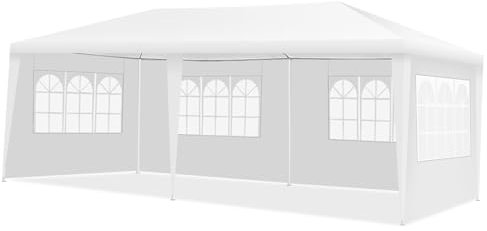 COSTWAY Tonnelle de Jardin 3x6M, Pavillon de Tente avec 4 Parois Amovibles, Piquets de Terre, Sac de Transport et Fenêtre sur Côté, pour Fête/Mariage/BBQ, Blanc