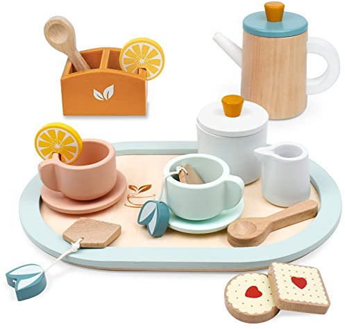 PairPear Wooden Tea Set for Little Girls, Wooden Toys Toddler Tea Set Play Kitchen Accessories for Kids Tea Party with Play Food