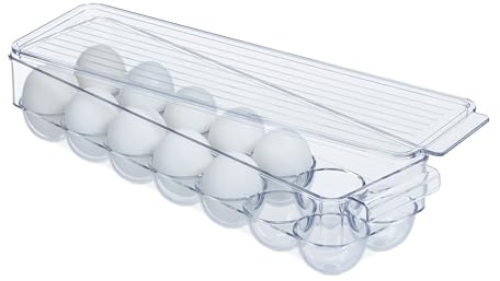 Relaxdays Eierbox, für 14 Eier, mit Deckel, stapelbar, pflegeleicht, Kühlschrank Eierbehälter, Kunststoff, transparent, 7,5 x 36,5 x 11 cm