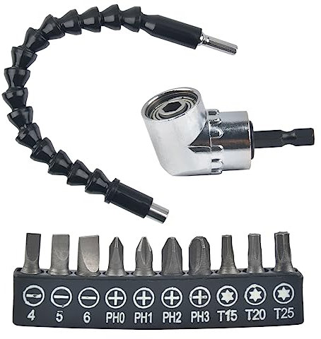 12 Pack 105° Right Angle Drill Attachment with 30cm Flexible Angle Extension Bit and 10 Screwsriver bits, 1/4-inch Hex Shank Right Angled Screwdriver Drill Bit Holder Extension Right Angle Drill