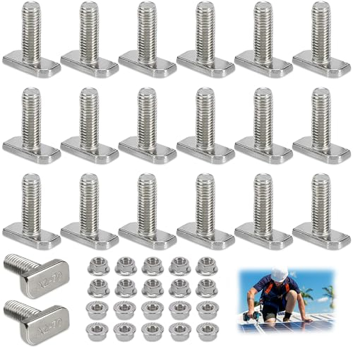 Lot de 20 Vis à Tête de Marteau M8 x 20, Vis Acier Inoxydable A2-70, Boulons en T avec Écrou à Bride, pour Modules Photovoltaïques, Profilés en Aluminium Photovoltaïque, Serre, Rail de