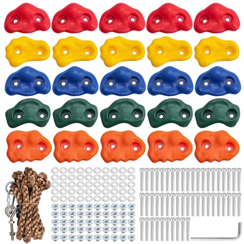 CMOOD Rock Climbing Holds, Rock Climbing Wall for Kids Rock Wall Climbing Kit for Indoor Outdoor Playground Play Set with Mounting Screws, Knotted Rope and 25 Handles