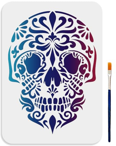 MAYJOYDIY Mandala Totenkopf Schablone 30 × 30cm Gruselige Skelett Schablonen Wiederverwendbar Florale Totenkopf Zeichenvorlage Mit Pinsel Für Kunsthandwerk Möbel Leinwand Heimdekorationen