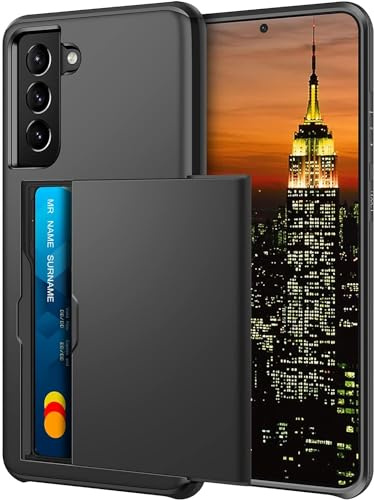 XYZNTMF for Samsung S21 FE Case Samsung Galaxy S21 FE Shockproof Case with Card Holder Soft Silicone TPU Bumper Matte Hard PC Shell Heavy Duty Protective Skin Cover Rubber Case, Black