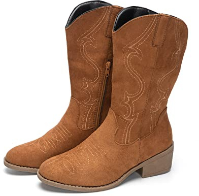 Ophestin Womens Western Cowboy Boots Low Chunky Pointed Toe Embroidery Wide Calf Cowgirl Boots Suede Brown 5.5UK