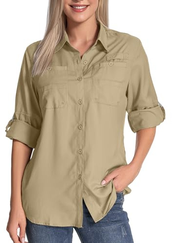 Womens Long Sleeve Sun Protection Hiking Fishing Shirts UPF 50+ UV Lightweight Quick-Dry Safari Shirts Womens Outdoor(Khaki-L)