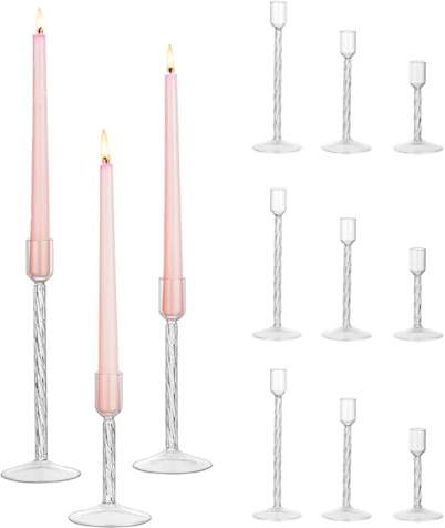 Hewory Ljusstake, glas, ljushållare, stavstearinljus, set om 12, klart ljusstake, ljusstake, stavljus, vintage, bordsdekoration för dekoration, vardagsrum, jul
