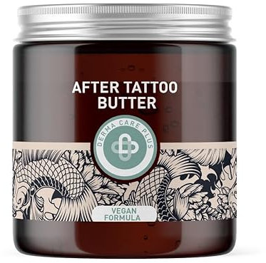 Derma Care Plus® After Tattoo Burro – Cura vegana del tatuaggio con pantenolo e vitamine A, C, E – Rigenerante e idratante – Assorbe rapidamente senza pellicola grassa – Sostenibile in vetro marrone