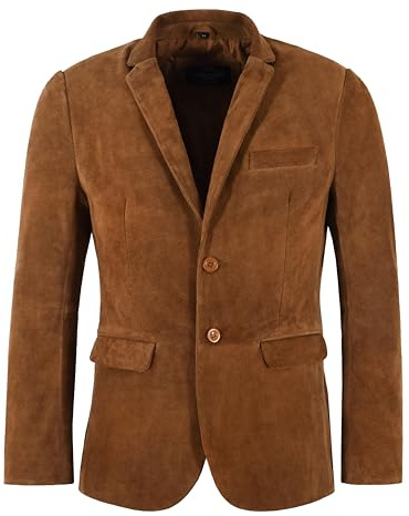 Men's Leather Blazer Tan Suede Classic Italian Tailored Soft Real Leather Coat 3450 (UK, Alpha, L, Regular, Regular, Tan)
