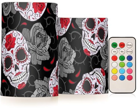 Mnsruu Velas sin llama, calaveras góticas, rosas y espinas, velas LED parpadeantes con temporizador remoto, velas que funcionan con pilas, juego de 2 velas para decoración del hogar y boda