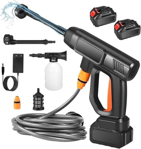 Limpiador de alta presión con batería, pistola de agua portátil de alta presión con boquilla ajustable 6 en 1 y manguera de 5 m, 2 limpiadores de alta presión de 4000 mAh para limpiar coches, suelos