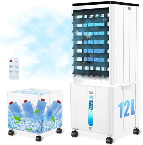 Climatiseur Mobile Sans Évacuation, 12L 60W Climatiseur Mobile Silencieux avec Minuterie de 12H, 3 Modes, 40dB, Réservoir d'eau Amovible, Télécommande, Refroidisseur d'air Climatisation pour Chambre